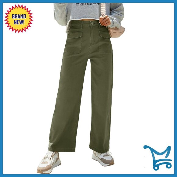 Pants - High Waisted Wide Leg Cargo Pants Elastic Denim Hiking Joggers